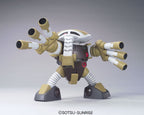 Model kit Bandai HGUC 1/144 MSM-04G Juaggu Unicorn Ver.: robot marrone e beige con bracci a cannone.