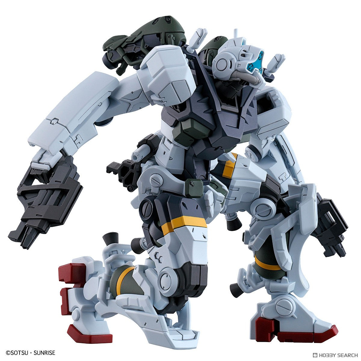 Model kit Bandai 1/144 HG Gelgoog GQ Bocata: action figure robot mecha bianco e grigio in posa dinamica su fondo bianco.