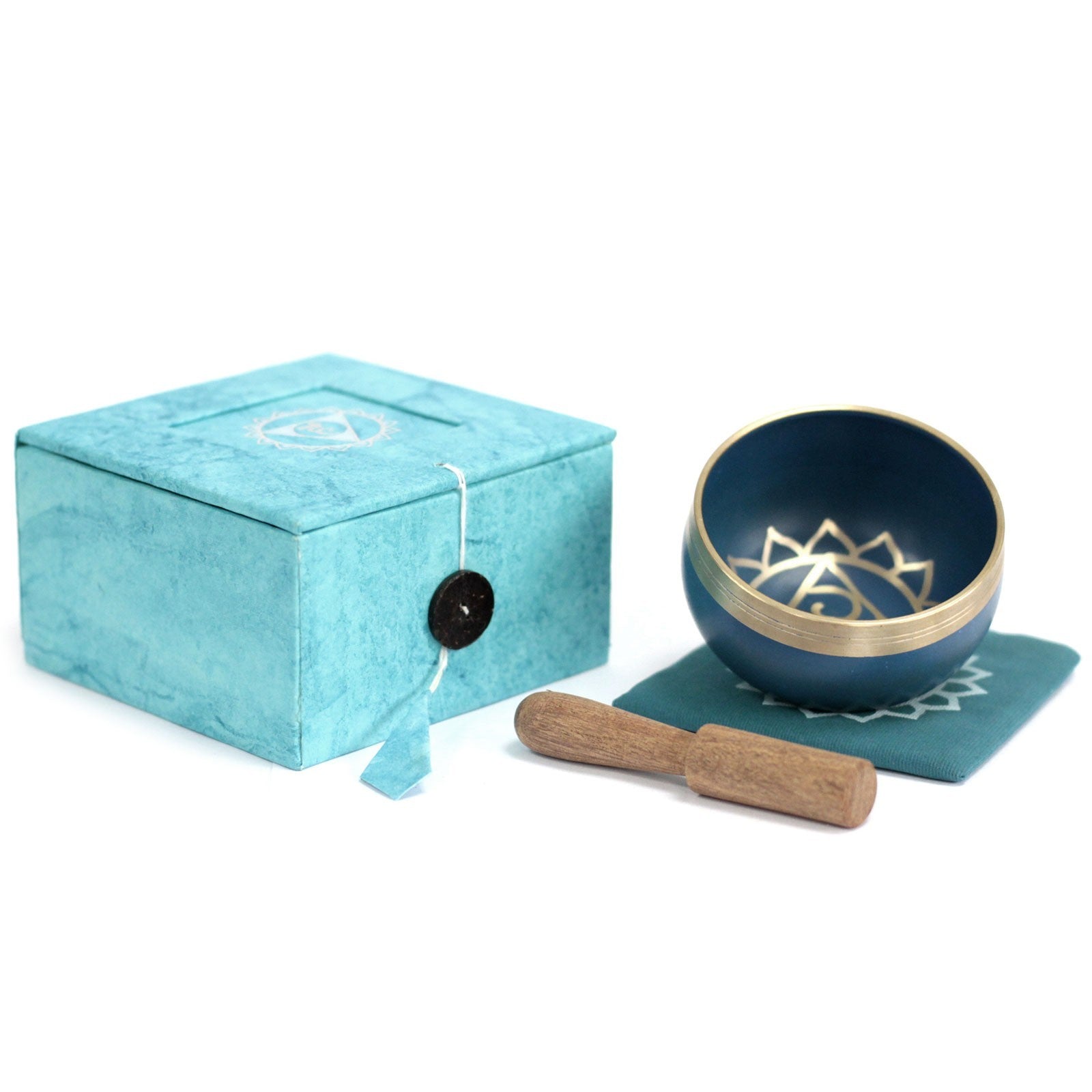 Campana tibetana Vishuddhi blu EZ-Shoppy con scatola, cuscino e bastoncino in legno su sfondo bianco.