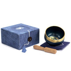 Campana tibetana Agnya blu con scatola regalo, cuscino e percussore in legno. Set da collezione per meditazione.