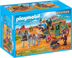 Confezione Playmobil Western 70013: playset carrozza della diligenza con cavalli, personaggi e accessori.
