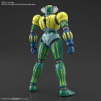 Back view of a yellow, green, and blue robot action figure with a unique head crest, standing on a dark background.