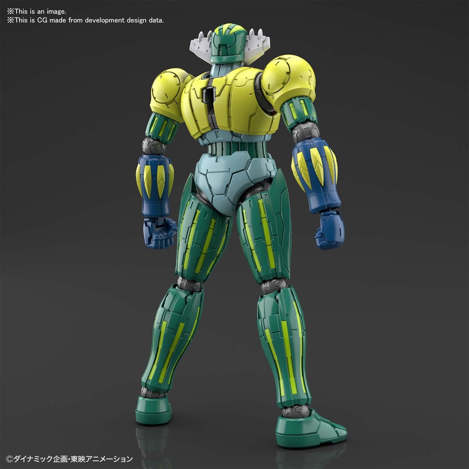 Back view of a yellow, green, and blue robot action figure with a unique head crest, standing on a dark background.