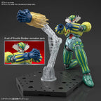Green and yellow mecha action figure performing a Knuckle Bomber attack with a clear plastic support stand.