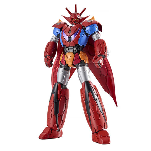 Getter Robo action figure in red, blue, and orange with a large wing-like cape, spiky head, and mechanical details.