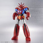 Getter Robo action figure in red, blue, and orange with a spiked head, standing against a metallic silver background.