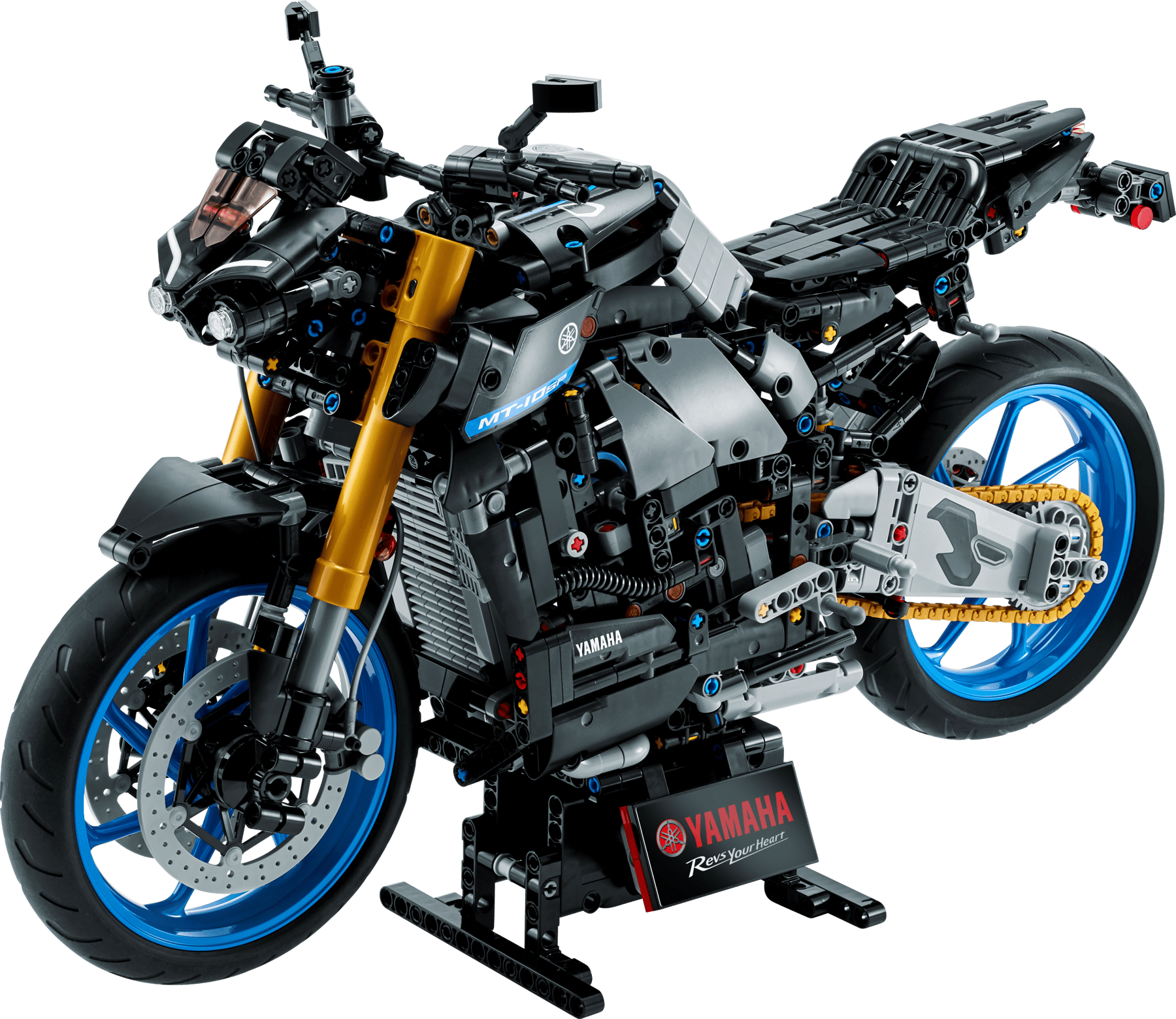 Modello LEGO Technic Yamaha MT-10 SP 42159: moto da costruire dettagliata con cerchi blu e forcelle dorate.