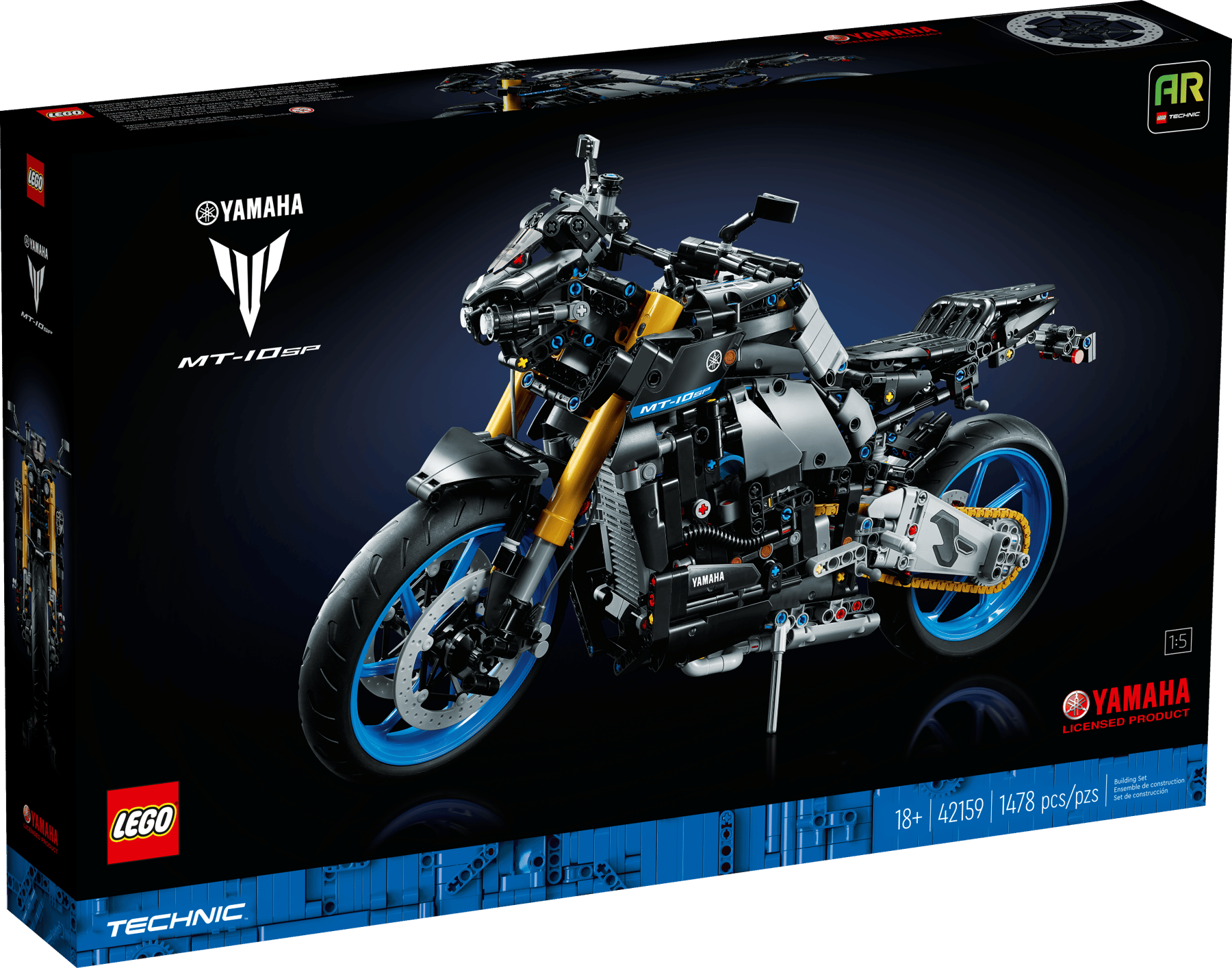 Confezione del set LEGO Technic Yamaha MT-10 SP 42159 con immagine della moto costruita su sfondo nero.