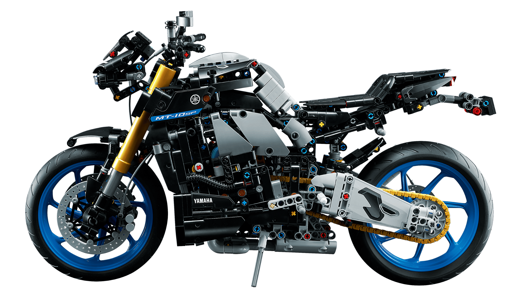 Modello da costruzione LEGO Technic Yamaha MT-10 SP 42159: moto dettagliata su sfondo nero.