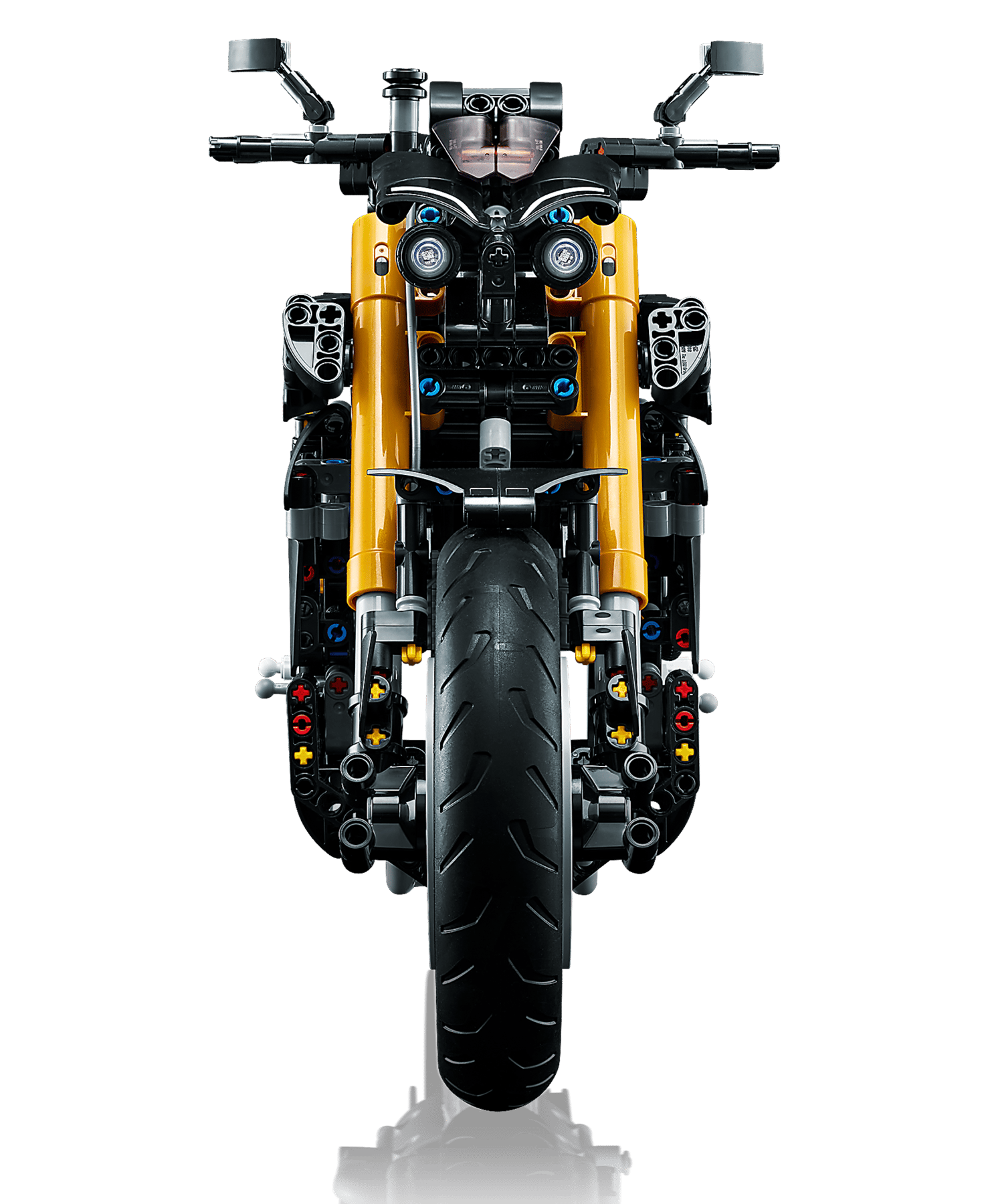 Vista frontale del set LEGO Technic Yamaha MT-10 SP 42159 su sfondo nero.