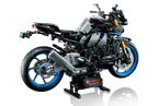 Modello LEGO Technic Yamaha MT-10 SP 42159: moto da costruire dettagliata con ruote blu su sfondo nero.