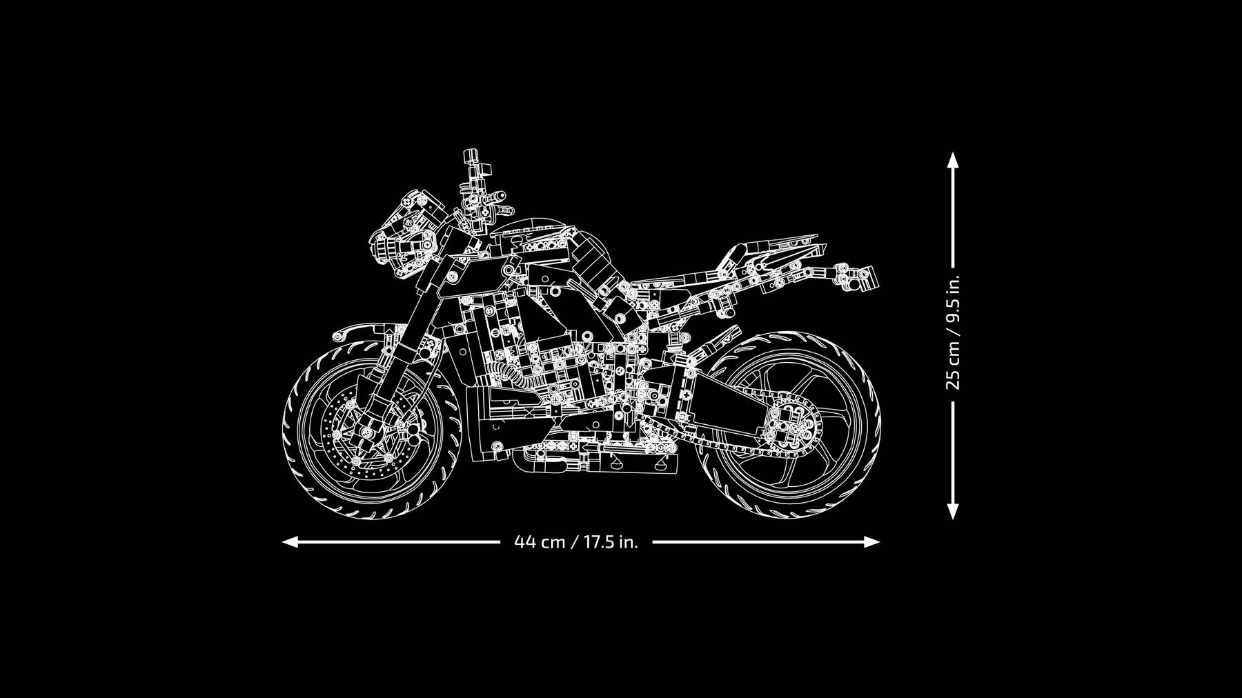 Schema tecnico del set LEGO Technic Yamaha MT-10 SP 42159 con indicazione delle dimensioni: 44 cm x 25 cm.