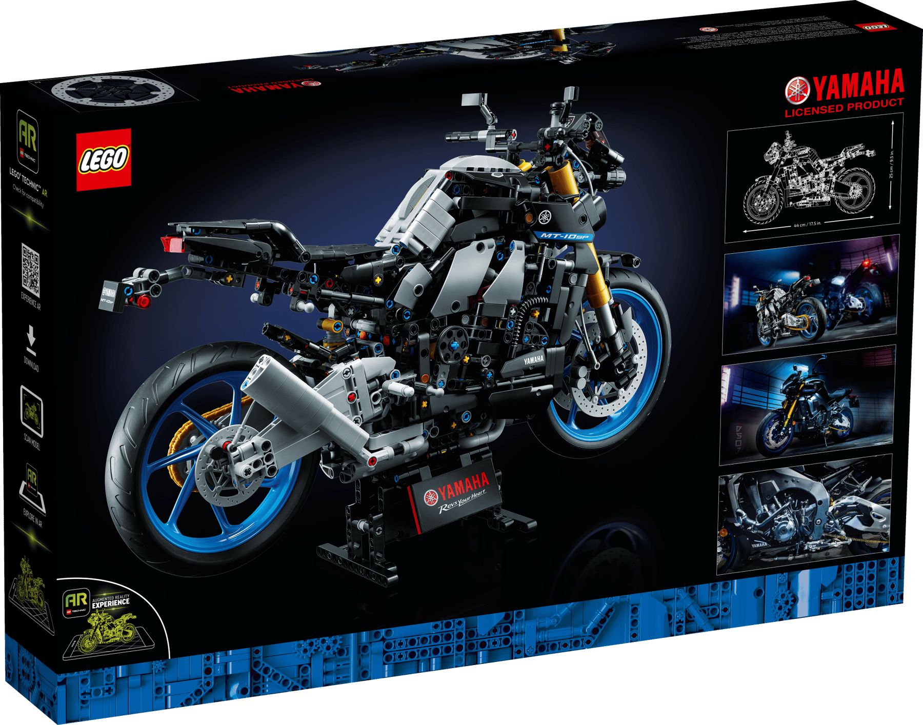 Confezione del set LEGO Technic Yamaha MT-10 SP 42159 con immagine del modello di moto montato su supporto.