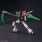 Model kit Bandai Gundam Deathscythe HG 1:144: action figure in posa dinamica con falce ed effetto energia verde.