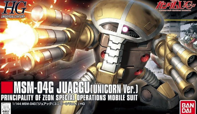 Model kit Bandai HGUC 1/144 MSM-04G Juaggu Unicorn Ver. in azione con cannoni che sparano.