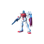 A white and red GM mobile suit model kit holding a beam gun and shield, isolated against a white background.