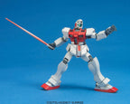 White and red Gundam action figure in a dynamic pose holding a pink beam saber against a blue background.