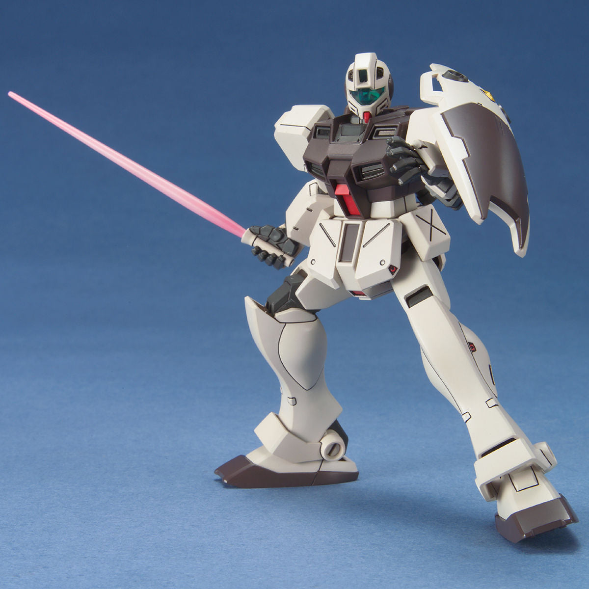 Cream and dark gray Gundam model kit holding a pink beam saber and shield against a blue background.