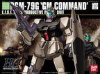 Box art for a tan and dark grey RGM-79G GM Command Gundam model kit, featuring a shield, rifle, and futuristic style.