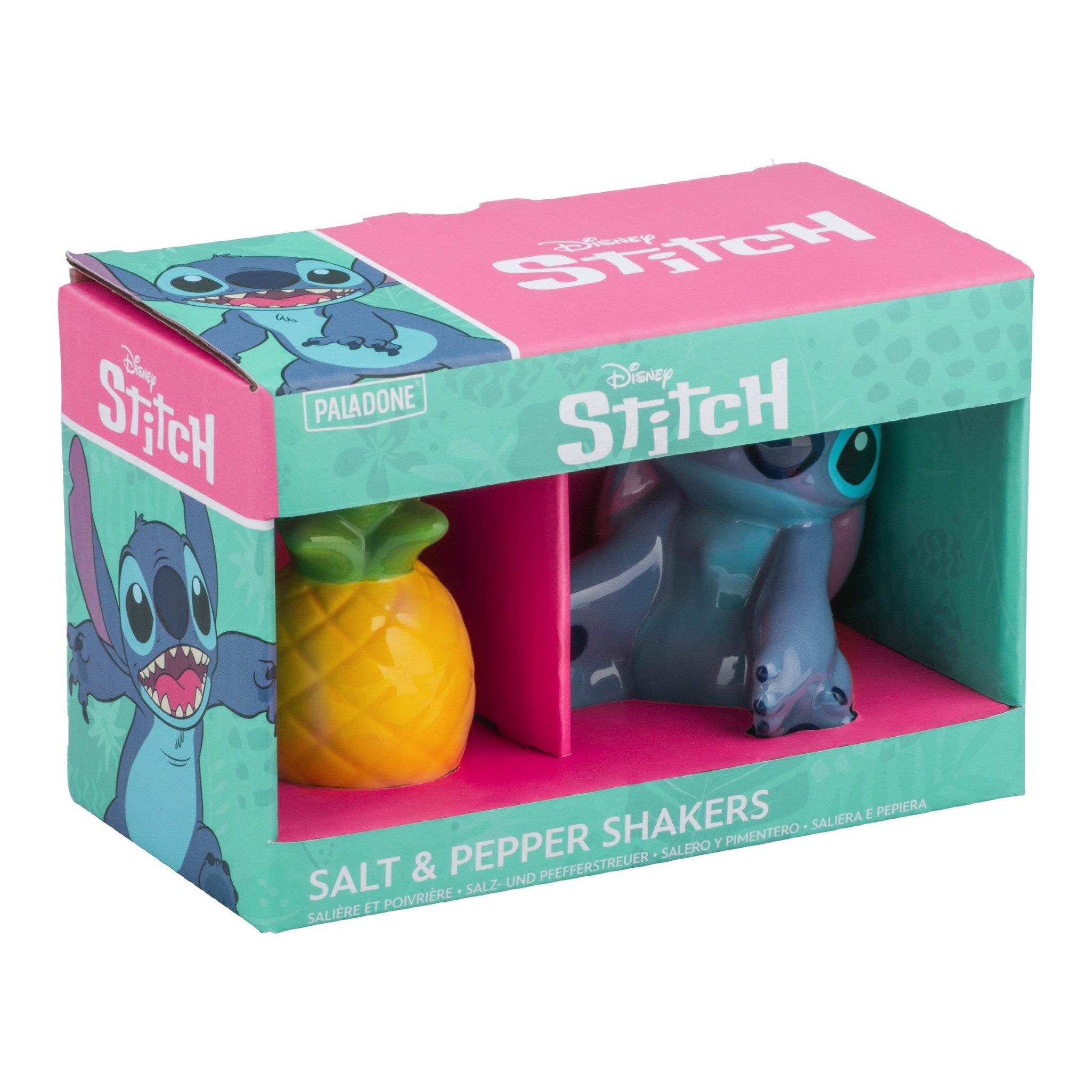 Disney Stitch ceramic salt and pepper shakers in a pineapple and Stitch character design, inside branded gift box.
