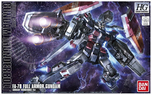 Confezione Bandai HG 1/144 FA-78 Full Armor Gundam Thunderbolt, illustrazione del robot armato nello spazio.