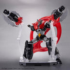 Mazinger Zero action figure in black, silver, and red, posing with giant axe blades and a floating red energy ring.
