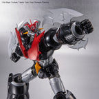 Mazinger ZERO action figure in black and silver with a red chest piece and large axe blades in a dynamic pose.