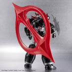 Black and silver mecha action figure holding a large, red, circular bladed weapon on a grey background.