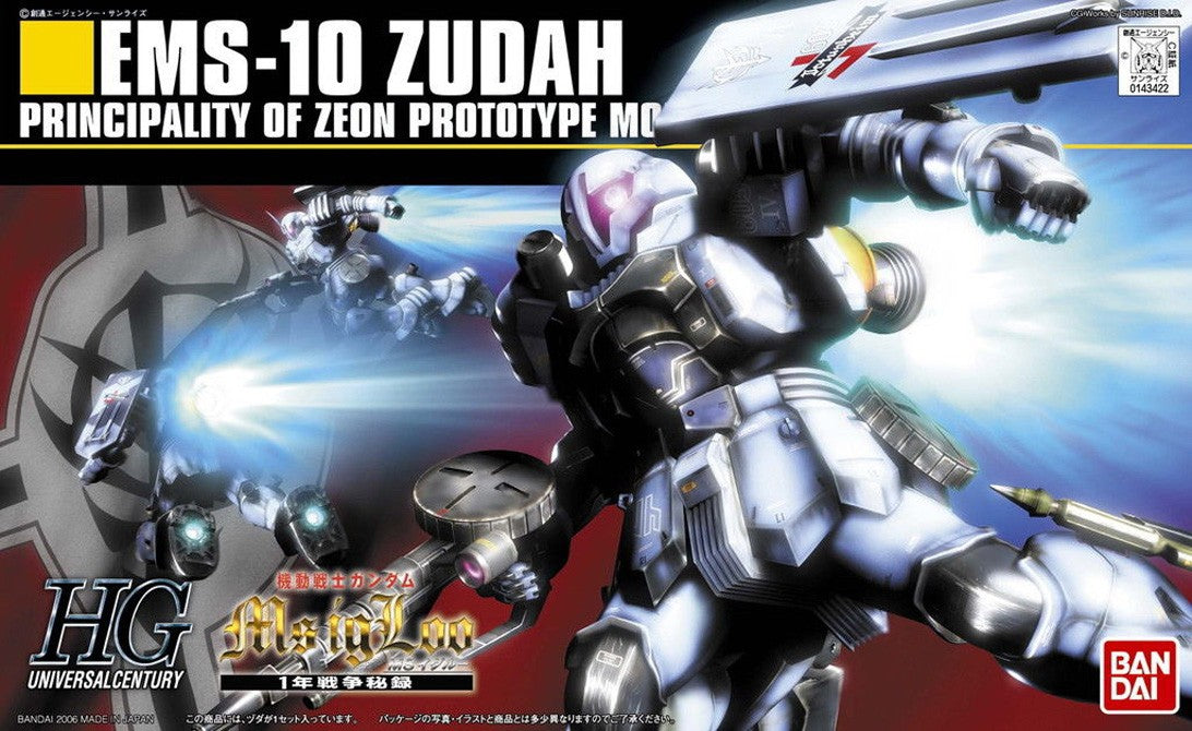 Confezione Bandai Model Kit HGUC 1:144 EMS-10 Zudah con illustrazione dinamica del robot in battaglia.