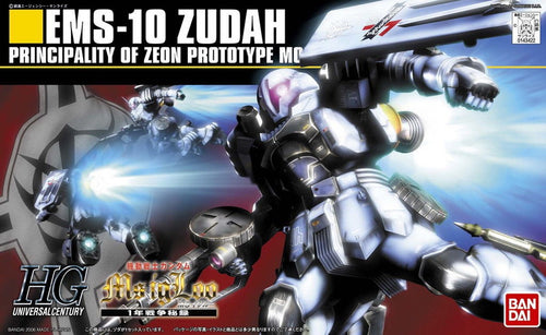 Confezione Bandai Model Kit HGUC 1:144 EMS-10 Zudah con illustrazione dinamica del robot in battaglia.
