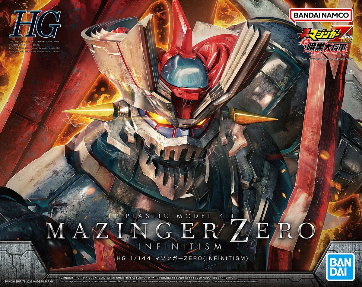 HG 1/144 Mazinger Zero Infinitism model kit box art showing a menacing dark metallic mech with red and gold accents.