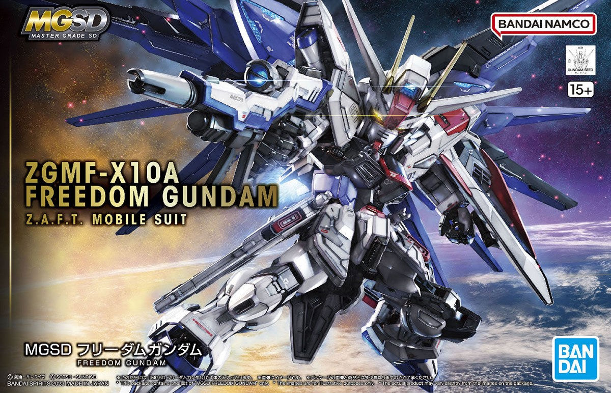 Confezione del model kit Bandai MGSD Freedom Gundam con illustrazione del Mobile Suit su sfondo spaziale.
