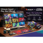 Ultimate Guard Magic: The Gathering playmats display rack with colorful, artistic game mats on a wooden table.