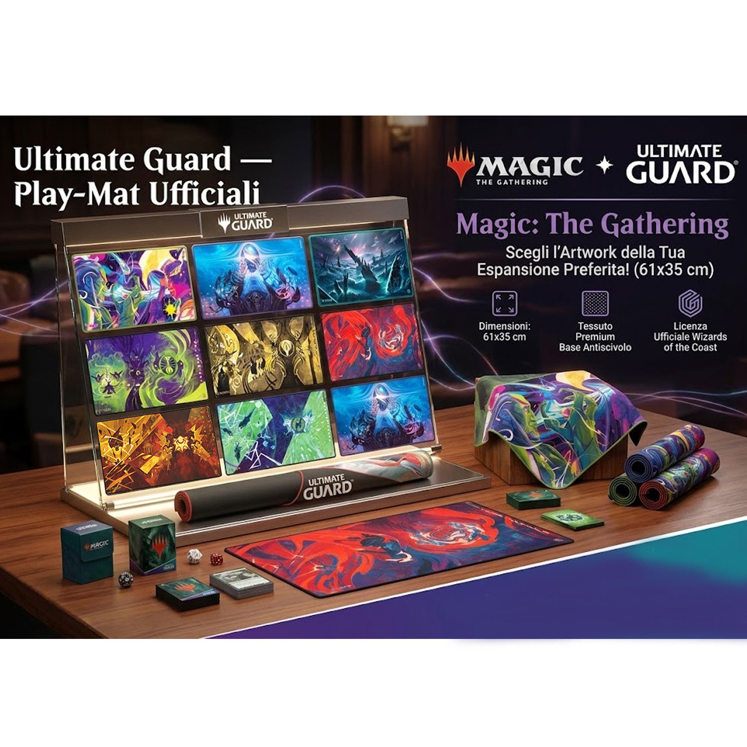 Ultimate Guard Magic: The Gathering playmats display rack with colorful, artistic game mats on a wooden table.