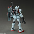 Vista posteriore del model kit Bandai HG 1/144 GM con cannone a spalla e scudo.