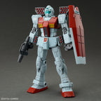 Model kit Bandai HG 1/144 GM con shoulder cannon e missile pod, robot da assemblare bianco e rosso.