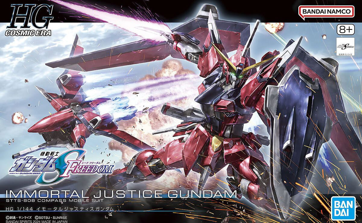 Box art del model kit Bandai HG 1/144 Immortal Justice Gundam in azione sul campo di battaglia.