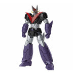 Mazinger Z action figure in black, silver, and purple, featuring a sharp red chest V-fin and metallic mechanical armor.