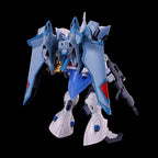Model kit Bandai Gyan Strom Agnes Giebenrath Custom HG 1/144: vista posteriore del robot blu e bianco con armi.