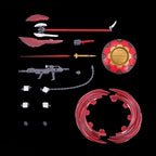 Accessori e armi del model kit Bandai Gyan Strom (Agnes Giebenrath Custom) HG 1/144 su sfondo nero.