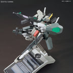 Model kit Bandai Cherudim Gundam Saga HG 1/144 in posa dinamica con fucile e scudo su base espositiva.