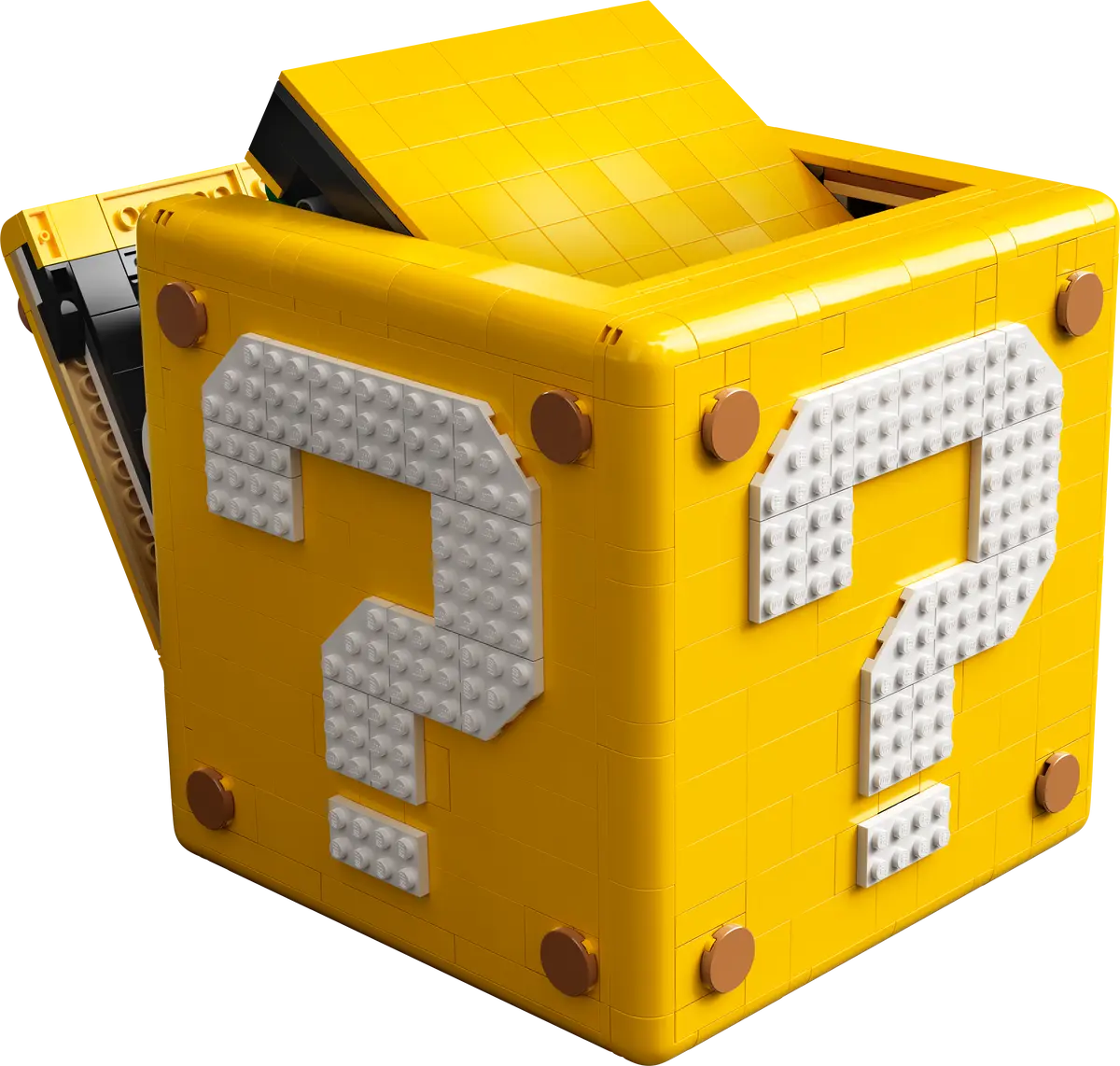 LEGO Super Mario 71395 Blocco Punto Interrogativo giallo parzialmente aperto, set di costruzioni da esposizione.
