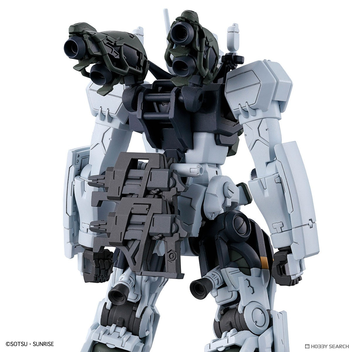 Vista posteriore del model kit Bandai 1/144 HG Gelgoog GQ Bocata's con zaino e armi dettagliate.