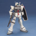 White and gray Gundam model kit standing with a shield and beam rifle against a blue background.