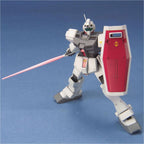 White and gray Gundam model kit holding a pink beam saber and a red shield, posed against a blue background.
