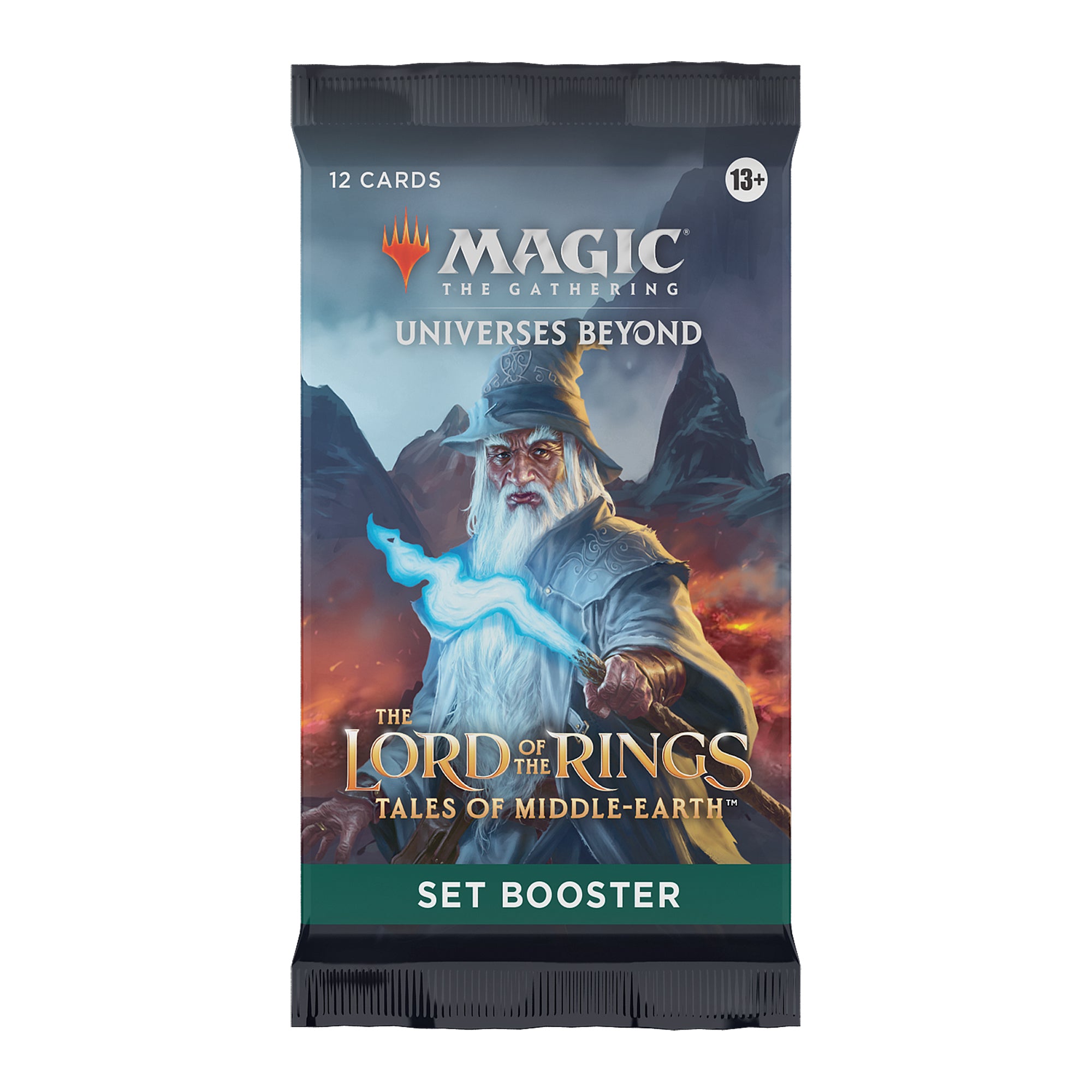 Magic: The Gathering Lord of the Rings Set Booster pack featuring Gandalf with a glowing blue staff.