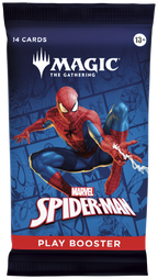 Magic: The Gathering Marvel Spider-Man play booster pack featuring Spider-Man art on a blue comic book-style background.