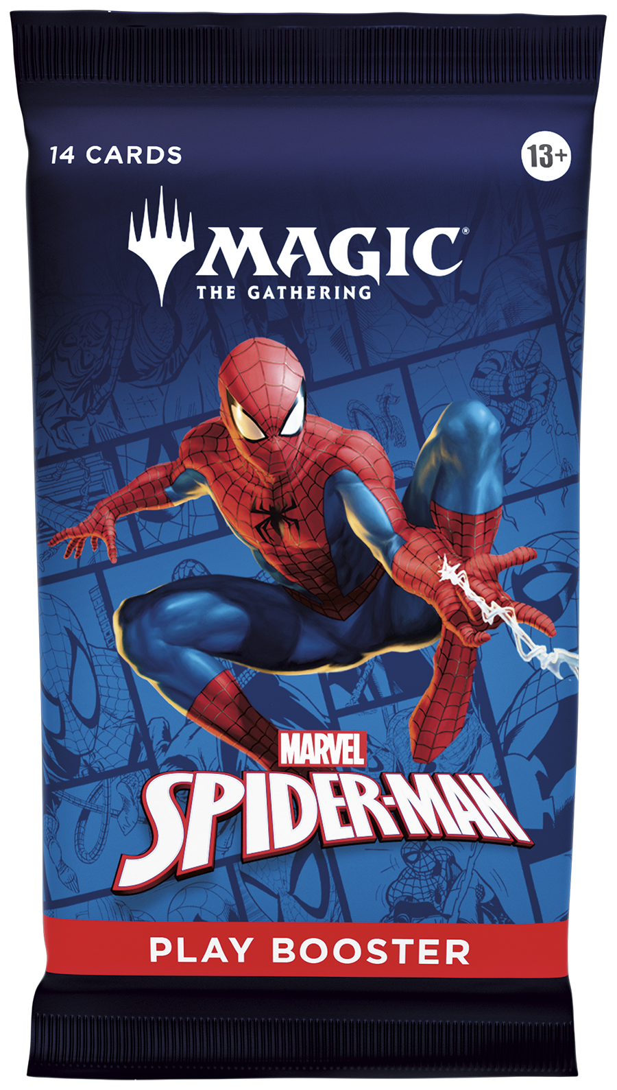 Magic: The Gathering Marvel Spider-Man play booster pack featuring Spider-Man art on a blue comic book-style background.