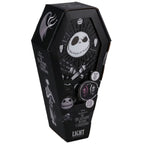 A black, coffin-shaped Nightmare Before Christmas wall light featuring Jack Skellington, in its original product box.