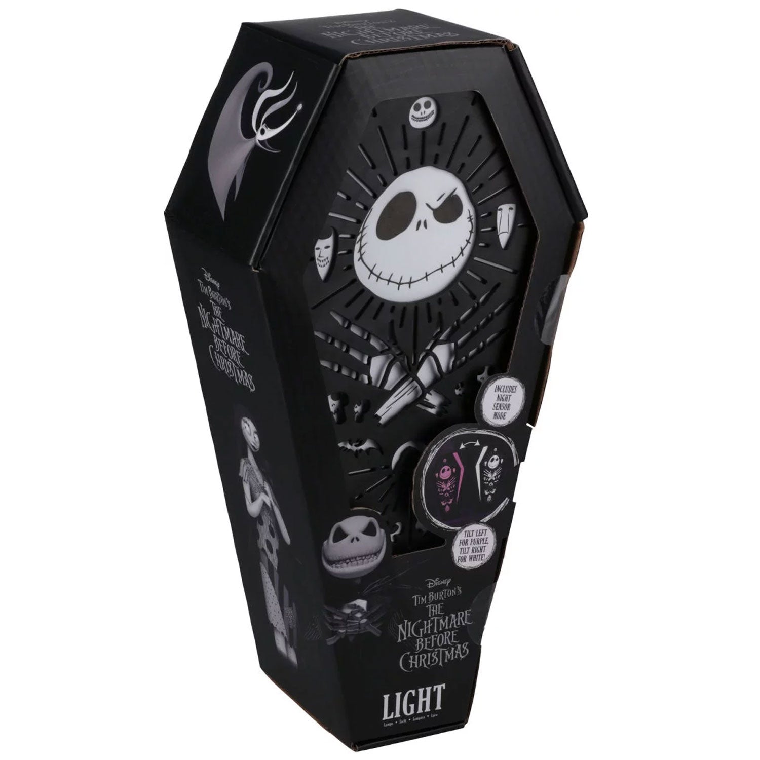 A black, coffin-shaped Nightmare Before Christmas wall light featuring Jack Skellington, in its original product box.